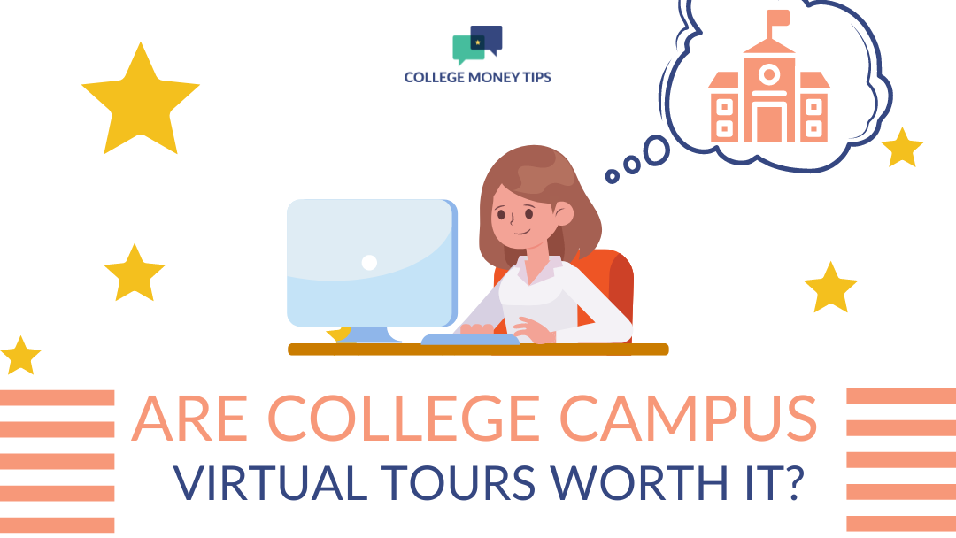 Image of a girl sitting at a desk with a question bubble above her head. She's wondering, "Are college campus virtual tours worth it?"